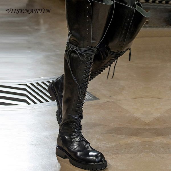 

viisenantin thick bottom super long boots tide female thin over the knee boots leather high boot lace up knight boots woman lj201130, Black