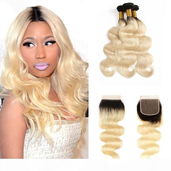 

ombre human hair bundles with closure t1b 613 brazilian body wave virgin hair weaves two tone dark root honey blonde hair extensions, Black;brown