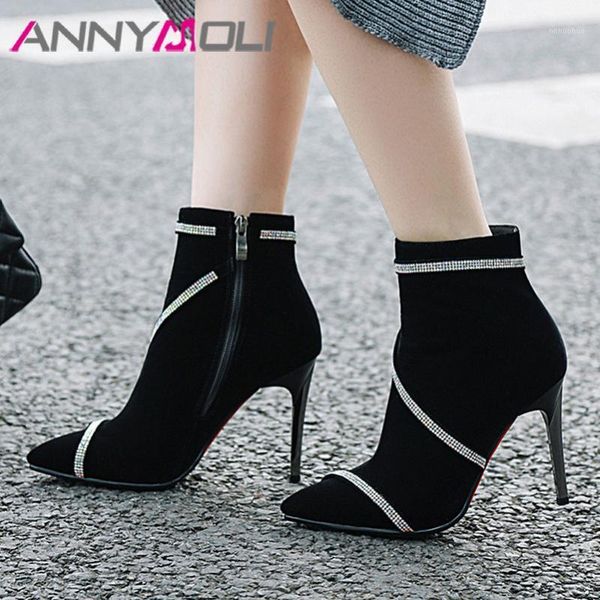 

boots annymoli winter ankle women zipper stiletto high heels short crystal pointed toe shoes ladies autumn big size 33-431, Black