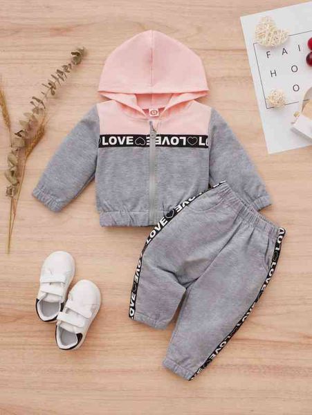 

baby colorblock letter graphic zip up hoodie with sweatpants she, Blue