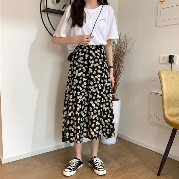 

korean daisy printed women midi skirts high waist casual slim female long dress 2020 spring summer fashion ladies bottoms, Black