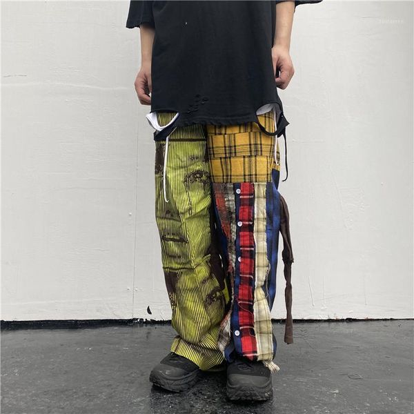 

figure print plaid splicing pants for men1, Blue