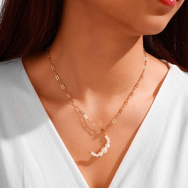 

brling new 2020 fashion ins vintage chain pendant choker pearl moon necklace for women girls gifts party, Golden;silver