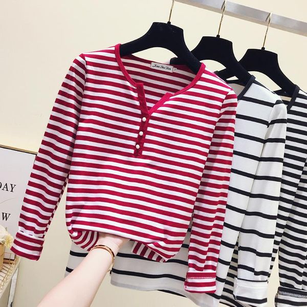 

gkfnmt korean style women t-shirt plus size cotton long sleeve striped tshirt autumn winter v-neck t shirt femme clothing, White