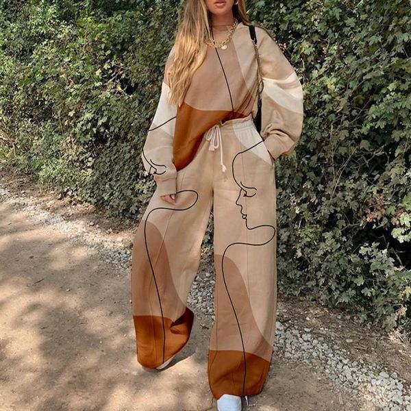 

spring autumn sweatsuit women set pullover sweatshirt and pants two piece outfits fashion print casual loose matching suits, Gray