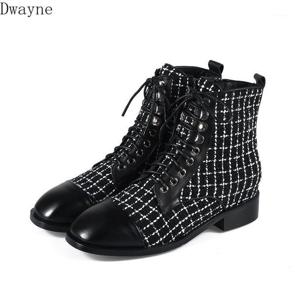 

boots 2021 autumn and winter leather plaid lace ties ankle short female british wind1, Black