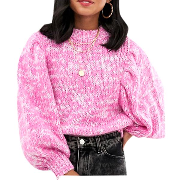 

women bright pink color crew neck long puff soft knit sleeve sweater, Black