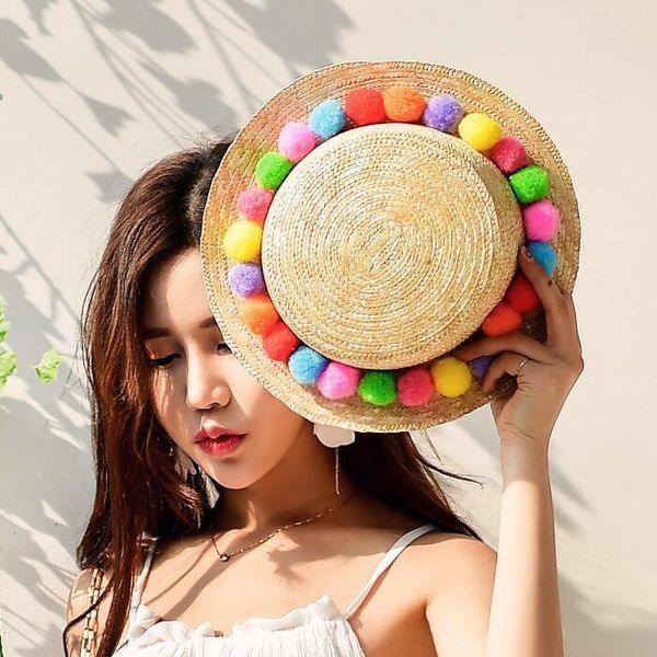 

родитель-ребенок солнца шляпа милые дети sun hats красочные шарики ручной работы женщины соломенная крышка пляж большой brim шляпа случайные, Black;white