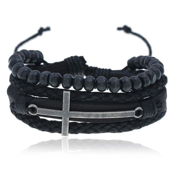 

ef док-станция винтаж ручной работы diy плетеный кожаный браслет сплав крест кожаные регулируемые деревянные бусины мужские ручные ремешка б, Golden;silver