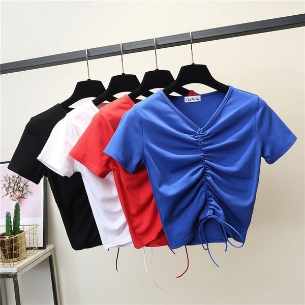 

female cotton v-neck drawstring t-shirt short sleeve neck summer casual solid t-shirt high waist slim t-shirts for women, White