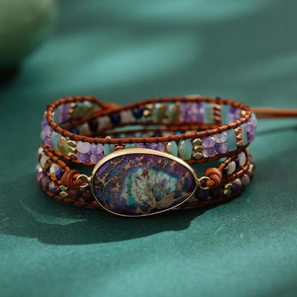 

tennis drop leather boho handmade unique 3 wrap imperial j-asper statement bracelet for women, Golden;silver