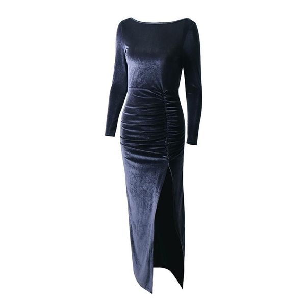 

cuhakci long sleeve velvet party maxi dress women split style bodycon backless elegant pencil black navy solid round neck, Black;gray