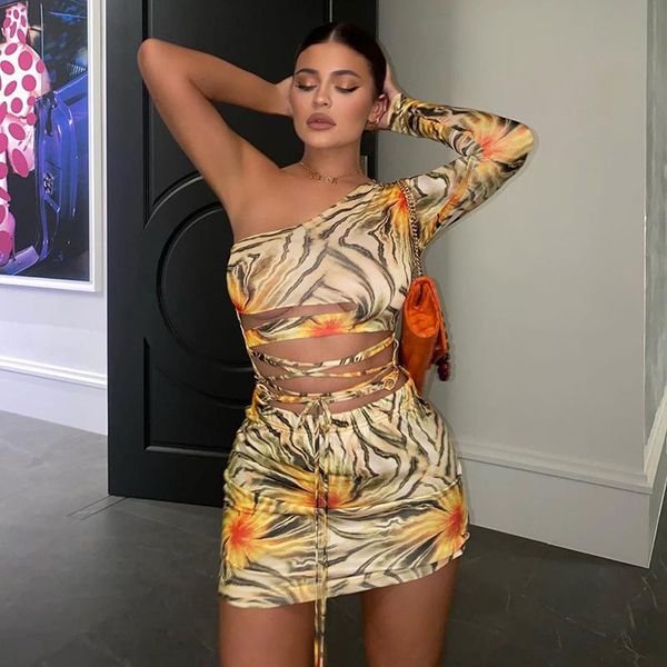 

one shoulder cut out bodydress women's wrapped long sleeve tummy control hollow bandage flower printed party mini dress, Black;gray