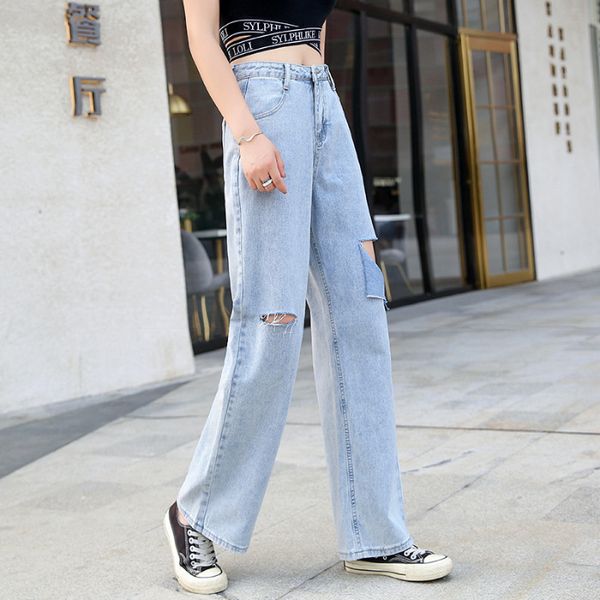 

spring and autumn wear 2020 new loose hole mop high waist women's straight pants, Blue