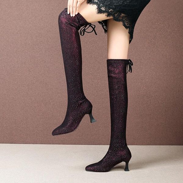 

winter fashion warm long women's boots crystal thin heel over-the-knee boots for women high heels lace-up thigh high botas mujer, Black