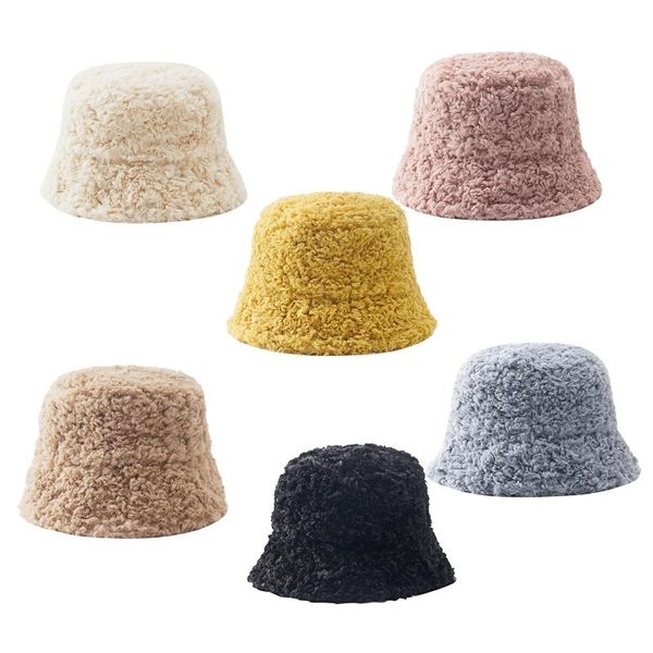 

women men winter thicken faux fleece dome bucket hat simple solid color harajuku hip hop bell-shaped panama fisherman cap, Blue;gray