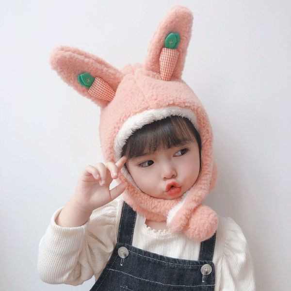 

solid autumn winter color children's scarf warm versatile cartoon bunny baby bib korean cute boys and girls one cap, Red;brown