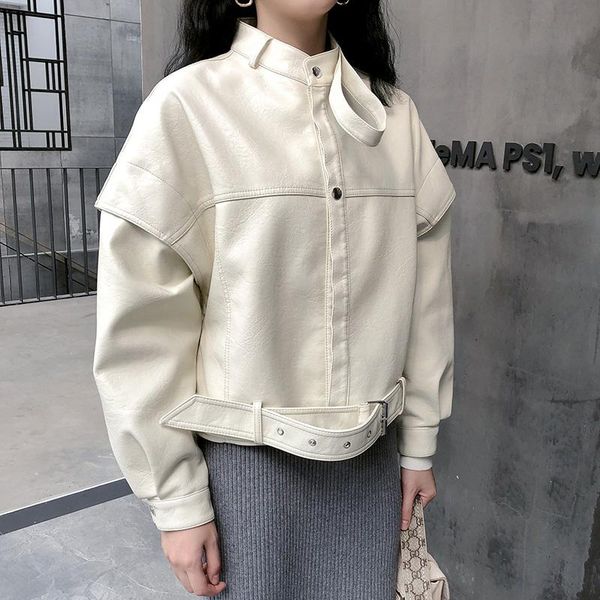 

women's leather & faux autumn jacket women motorcycle loose pu soft ladies biker coat red black single breasted female overcoat