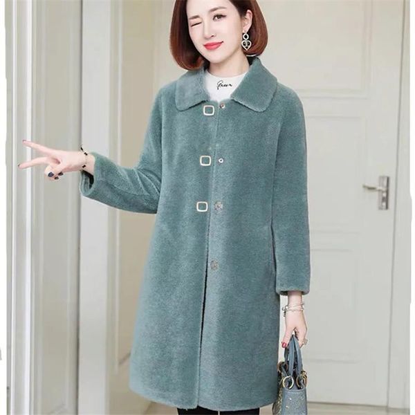 

women's fur & faux winter plus size outerwear ladies mid-length warm thick natural granular jacket female casual sheep sheared coat wom, Black