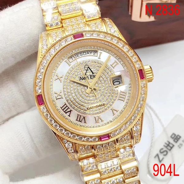 

iced out watch 18k gold date-just- full diamonds clasp sapphire glass automatic eta n2836 movement, Slivery;brown