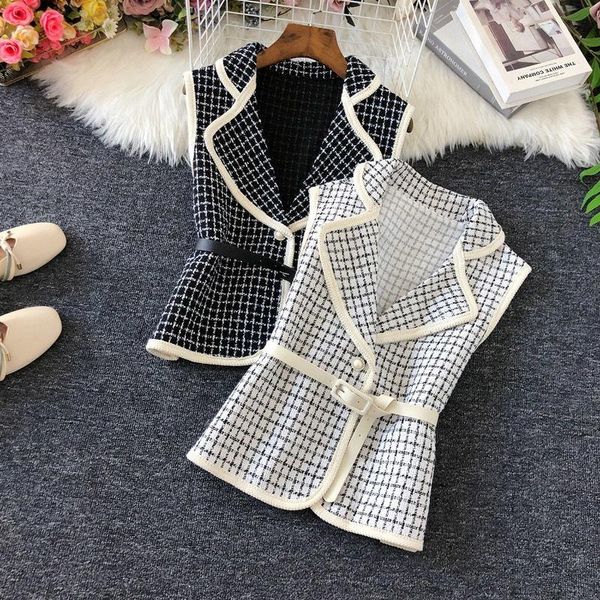 

2021 spring women korean fashion elegant slim woolen vest sleeveless outerwear single-button casual coat vests with belt y649, Black;white