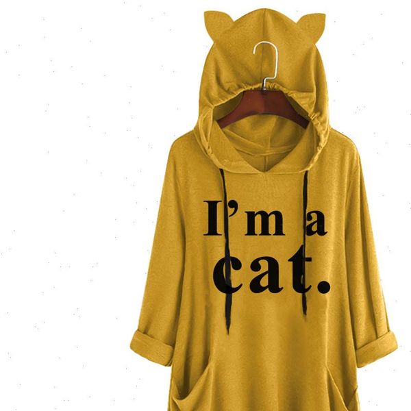 

harajuku cat ear hoodies for women kawaii i am a cat letter printed hooded sweatshirt oversized blouse with pockets outwear, Black