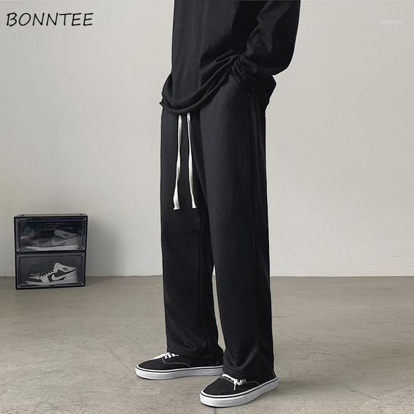 

men casual pants solid simple all-match high street loose straight trousers male korean style fashion elastic waist streetwear1, Black