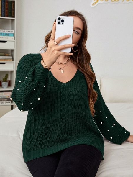 

plus pearls beaded drop shoulder sweater s2wi#, Black