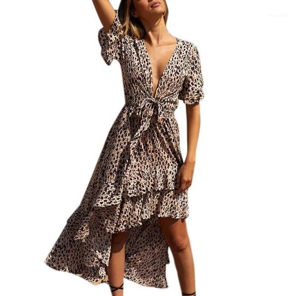 

casual dresses fashion 2021 womens print v-neck leopard bow irregular dress home decor funny1, Black;gray
