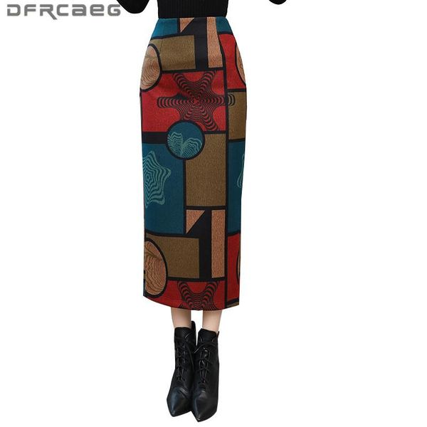 

skirts high waist vintage geometric print women's long skirt 2021 split woolen pencil winter warm saias longas female, Black