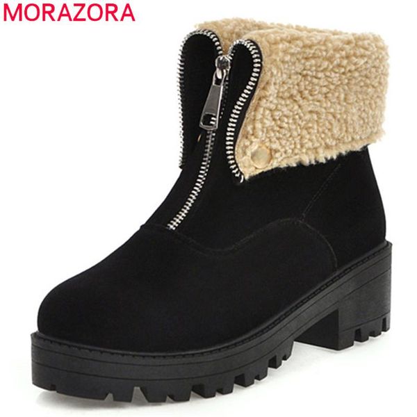 

boots morazora 2021 arrival women ankle zip round toe flock winter simple fashion low heels casual shoes ladies, Black