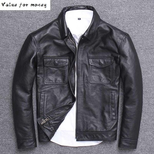 

vintage brand leather jacket men 100% cowhide natural leather jackets men's motorcycle biker red brown slim coat autumn, Black