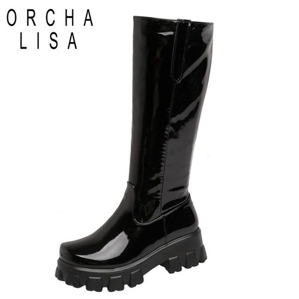 

boots orcha lisa women knee round toe 5.5cm heels thick bottom patent leather zipper slim breathable stylish short plush c2167, Black