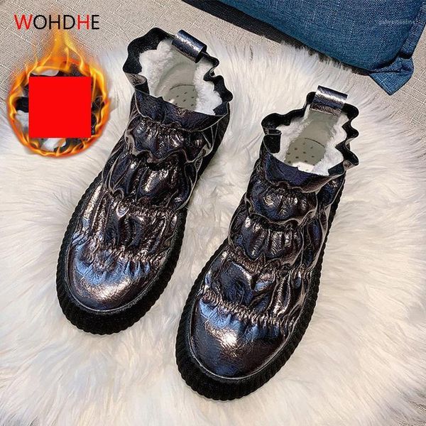 

boots wohdhe waterproof women ankle flat platform slip on plush winter shoes 2021 fashion botas female bling1, Black