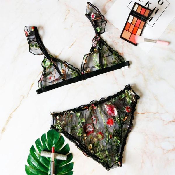 

lingerie bra set women flower embroidery sling lace underwear plus size bras sleepwear lingerie sets lenceria1, Red;black