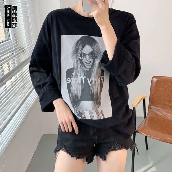 

missjuju autumn new style print long sleeve loose cotton t-shirt, Black;gray