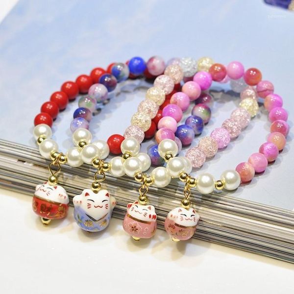 

natural stone bead chain bracelet cute ceramics lucky cat pendant bracelet fashion jewelry wholesale good gift for women/girl1, Golden;silver