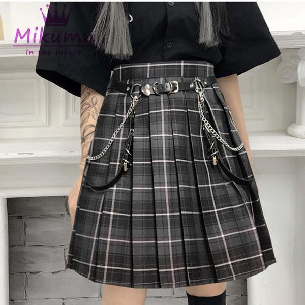 

gothic plaid skirts women high waist pleated mini skirts female punk harajuku fashion streetwear1, Black