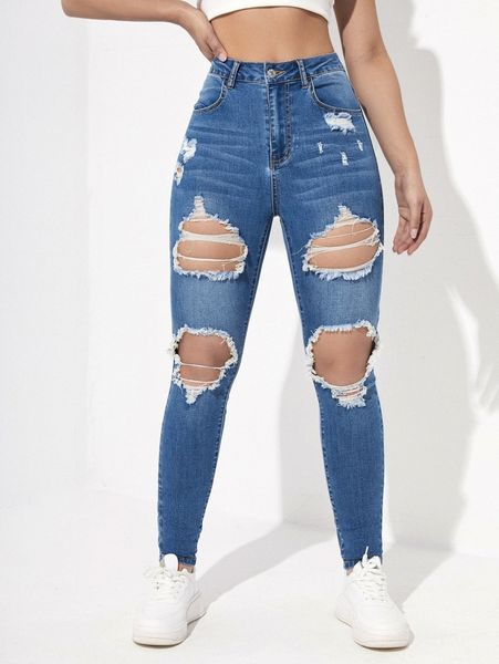 

high waist ripped skinny jeans s0xz#, Blue