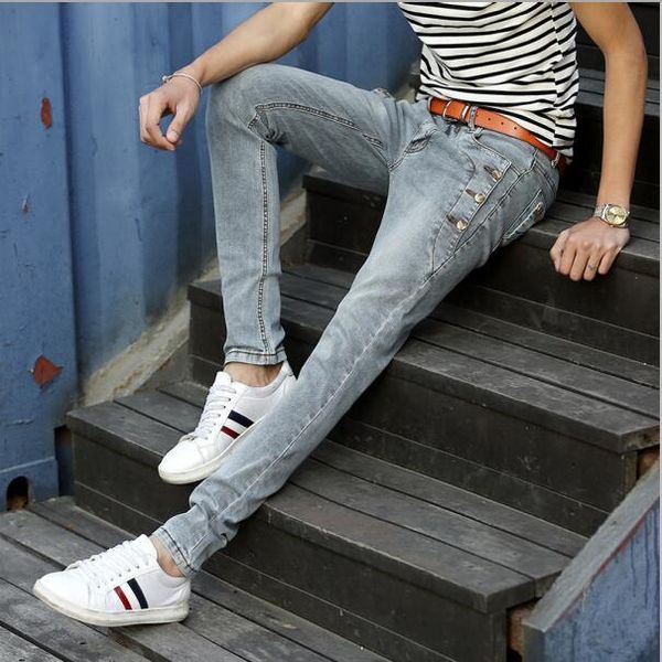 

forepy spring style 2020 denim male skinny solid jeans with button 0a0q, Blue