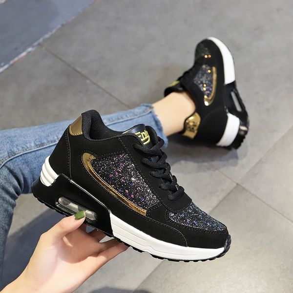 

women lace up sneakers glitter autumn flat vulcanized ladies bling casual female fashion platform plus size shoes y200801, Black