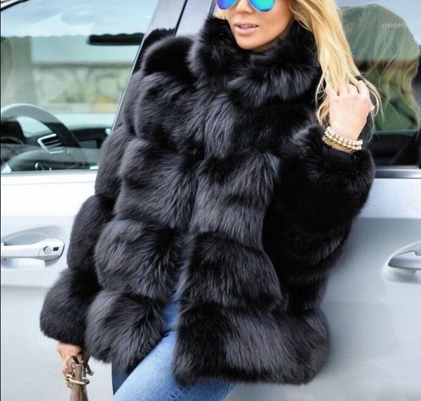 

fashion streetwear faux fur stand collar coat luxury fluffy winter warm coats jacket long sleeve faux fur femme t18441, Black