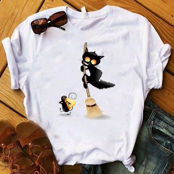 

funny cat print crewneck women tshirt hipster tee women's clothing cartoon print halloween female tees gift tshirt, White