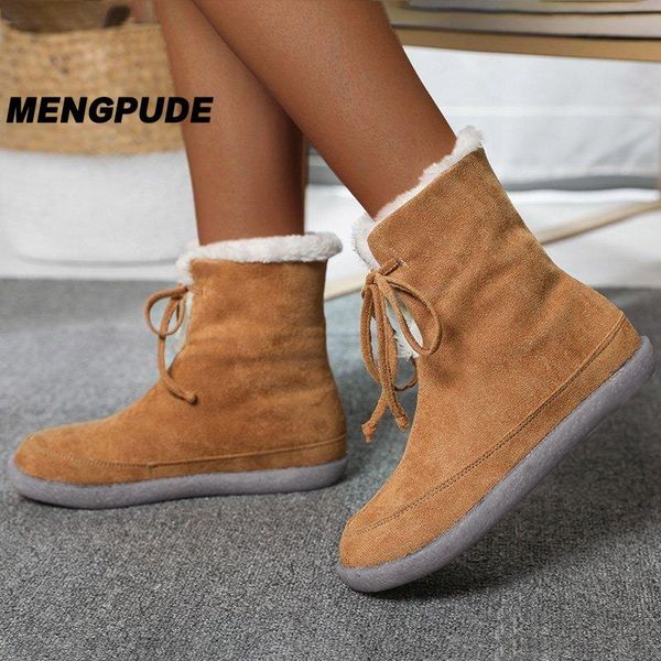 

mpd women snow boots mid calf shoes non slip winter ladies flats casual lace up plush warm fashion footwear female plus size, Black