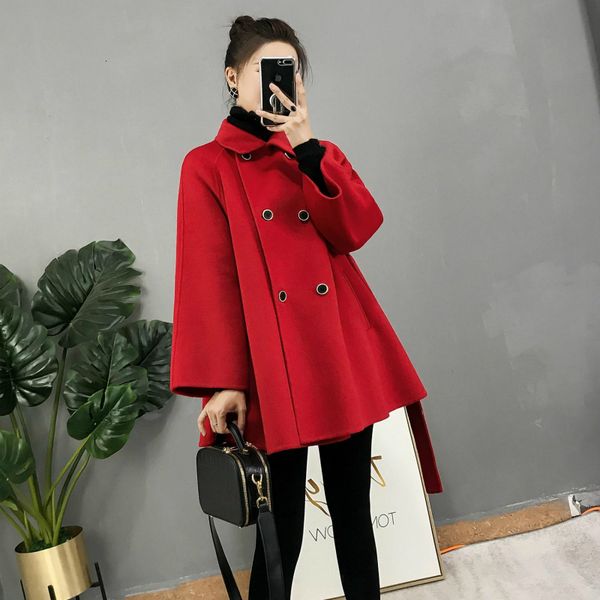 

2021 new women long woolen cloak coat belt jackets hjii, Black