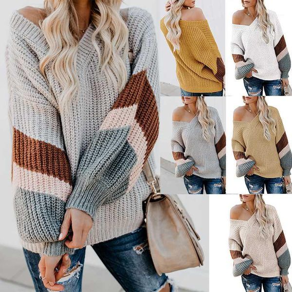 

2020 v neck striped sleeve knit sweater women loose pullover fall sweaters and pullovers female fashion new knitted sweaters1, White;black