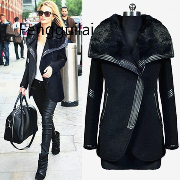 

women's fur collar winter coat 2019 autumn female fashion jacket lady warm solid black pocket wool blend overcoat outwear1