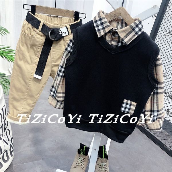 

boy's two piece winter 2020 new children's plush suit shirt vest thickened jacket fashion, White