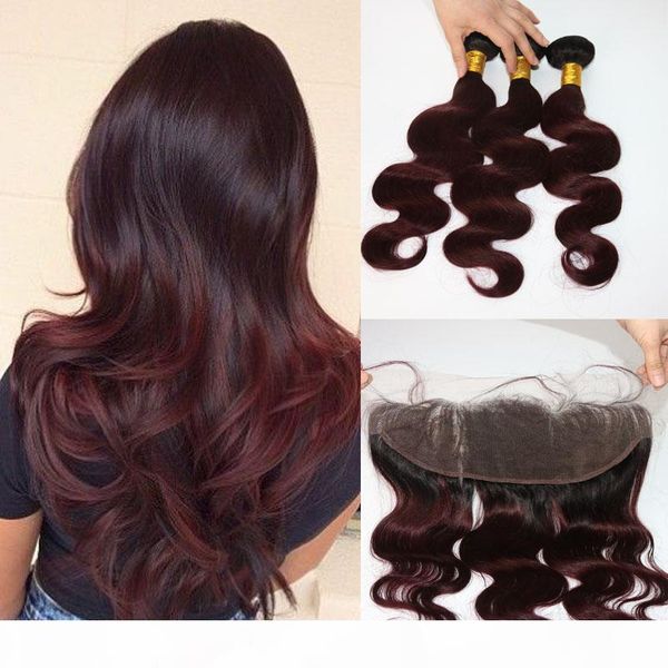 

human hair bundles with 13*4 frontal 300gram two tone ombre 99j body wave peruvian human remy hair weaves closure, Black;brown