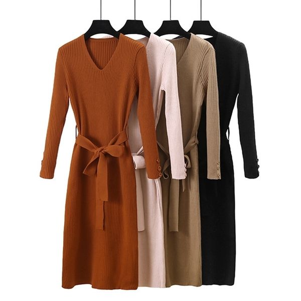 

gigogou women knitted a line ol style long sleeve thick sweater winter v neck sashes maxi robe pull midi dress y200103, White;black